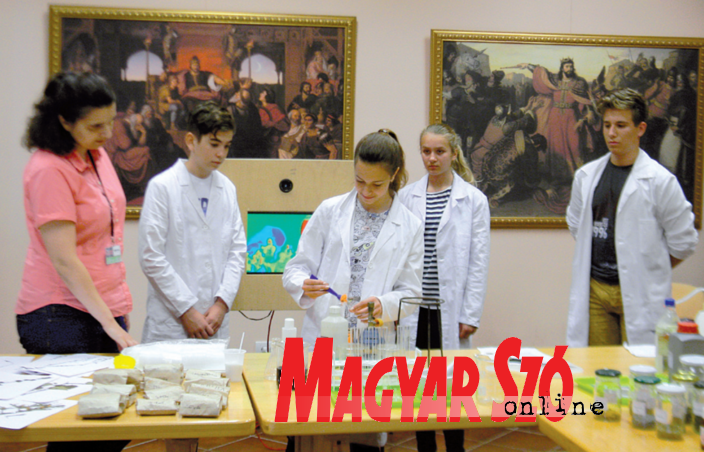 A kémiai műhelymunka résztvevői kísérleteket mutattak be a Than Emlékházban (Fehér Rózsa felvétele)