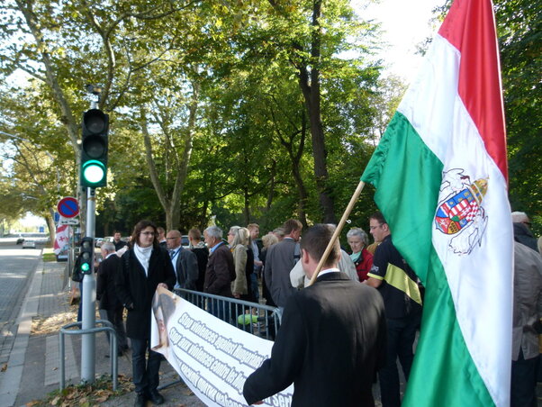 Az Európa Tanács (ET) székháza előtt tüntetők. Szüntessék meg a magyarok elleni erőszakot – olvasható az angol, francia és szerb nyelven nyomtatott transzparensen (MTI Fotó)