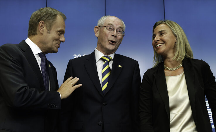 Donald Tusk, Herman Van Rompuy és Federica Mogherini (Fotó: Beta/AP)