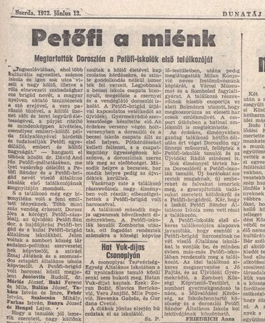 Tudósítás a Petőfi-iskolák első találkozójáról a Magyar Szó 1973. június 13-ai számában