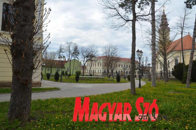 Csendélet a pravoszláv püspökség udvarában, túloldalon a Vuk Karadžić iskola, ahol a magyar anyanyelvápoló órákat tartják, valamint a pravoszláv templom Csendélet a pravoszláv püspökség udvarában, túloldalon a Vuk Karadžić iskola, ahol a magyar anyanyelvápoló órákat tartják, valamint a pravoszláv templom