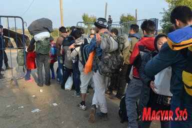 Kettes sorban várnak bebocsátásra a menekültek a horvát határnál (Ótos András felvétele)