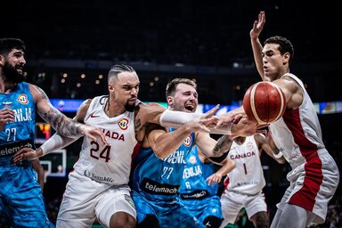 Dillon Brooksék kőkeményen védekeztek Luka Dončićon, aki ehhez képest kevés fújást kapott (Fotó: FIBA)