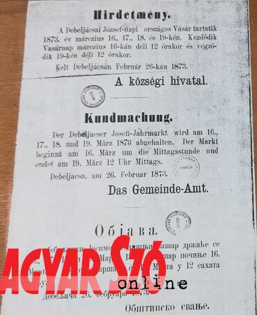 Az első hivatalos vásár hirdetményét megőrizték a Torontálvásárhelyi Helytörténeti Múzeumban is (Vidács Hajnalka/Torontálvásárhelyi Helytörténeti Múzeum)