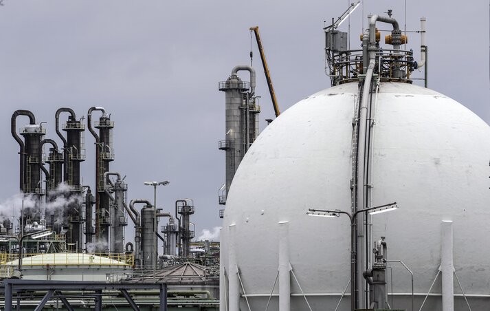 FILE - A gas tank is seen at a chemical plant in Oberhausen, Germany, on April 6, 2022. European governments were poised to ban on Russian coal imports despite the near-certainty of higher u