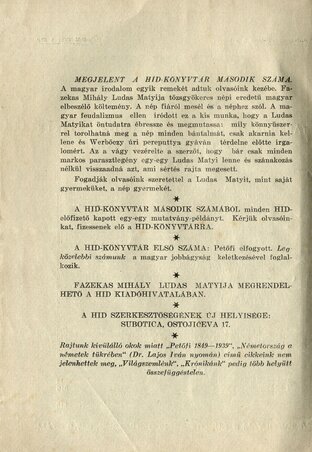 A Híd 1939. július-augusztusi számában megjelent rövid közlemény a cenzúráról