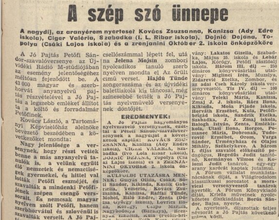 A verseny eredményét a Magyar Szó 1973. május 21-ei számában közölték
