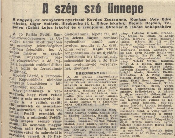 A verseny eredményét a Magyar Szó 1973. május 21-ei számában közölték A verseny eredményét a Magyar Szó 1973. május 21-ei számában közölték