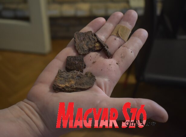 A szakember a Majsai hídról származó korrodálódott vasdarabokat mutatja, amelyeket még a 2013-as állapotfelmérés során gyűjtött minta gyanánt A szakember a Majsai hídról származó korrodálódott vasdarabokat mutatja, amelyeket még a 2013-as állapotfelmérés során gyűjtött minta gyanánt