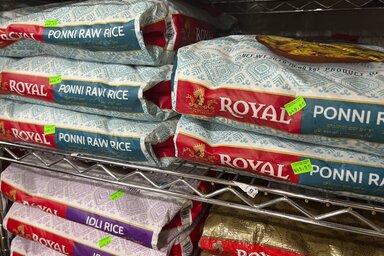 Rice is on display at Little India, an Indian grocery store in New York on Saturday, July 29, 2023. An earlier than expected El Niño brought drier, warmer weather in some parts of Asia and i