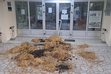 A feldühödött polgárok hétfőn a községháza bejárata elé birkatrágyát szórtak, és követelték a polgármester lemondását (Fotó: Twitter)