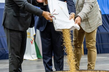 Nagy István, Jakab István és Győrffy Balázs közösen ürítik a zsákot (MTI)