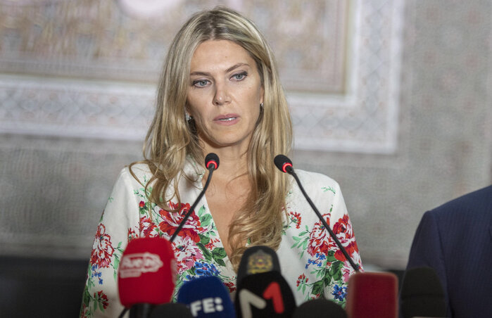 2022. október 10-én, a marokkói parlament rabati épületében készített kép Eva Kaili görög szocialista képviselőről (Fotó: MTI/EPA/DZSALAL MORSIDI) 2022. október 10-én, a marokkói parlament rabati épületében készített kép Eva Kaili görög szocialista képviselőről (Fotó: MTI/EPA/DZSALAL MORSIDI)