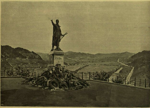 A segesvári Petőfi-szobor háttérben a csatamezővel  a Vasárnapi Újság 1897. augusztus 8-ai számában