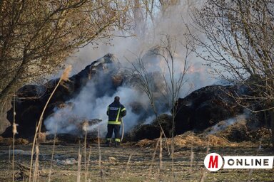 A tűzoltók küzdelme a lángoló bálákkal (Paraczky László felvétele)