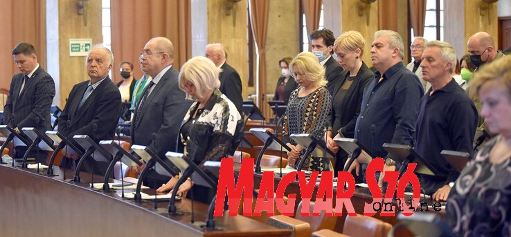 Egyperces néma felállással adóztak a koronavírus-fertőzésben elhunyt orvosok emléke előtt (Ótos András felvétele) Egyperces néma felállással adóztak a koronavírus-fertőzésben elhunyt orvosok emléke előtt (Ótos András felvétele)
