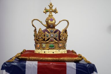 A 45cm tall chocolate replica of St Edward's Crown at Cadbury World in Birmingham. It took two days for chocolatiers Dawn Jenks and Donna Oluban to build their version of the crown which wil