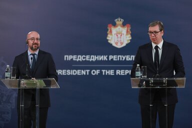 Beograd, 19.05.2022. -  Predsednik Srbije Aleksandar Vucic (D) i predsednik Evropskog saveta Sarl Misel odrzali su konferenciju za novinare nakon sastanka, danas u Predsednistvu u Beogradu. (BETAPHOTO/MILOS MISKOV)
