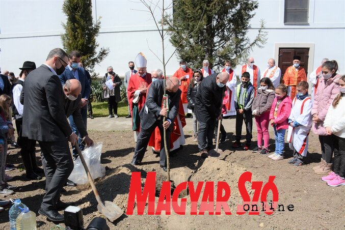 A hosszú életet jelképező tölgyfa ültetése a templomudvarban (Paraczky László felvétele) A hosszú életet jelképező tölgyfa ültetése a templomudvarban (Paraczky László felvétele)
