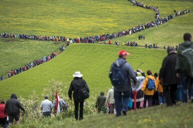 Zarándokok vonulnak haza a csíksomlyói búcsú befejezése után (Fotó:MTI)