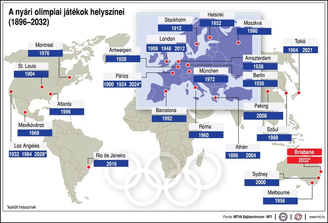 A legújabb olimpiai térkép, immár Brisbane-nel (Fotó: MTI)