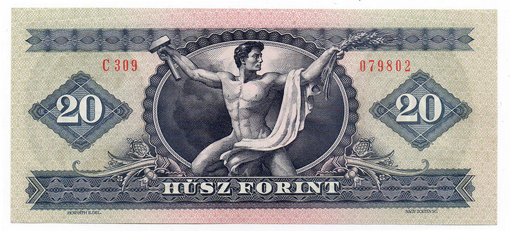 Az 1948-ban kiadott húszforintos férfialakja, melynek Hegedűs István öttusázó bajnok, az ’56-os forradalom későbbi mártírja volt a modellje (Fotó: MTI) Az 1948-ban kiadott húszforintos férfialakja, melynek Hegedűs István öttusázó bajnok, az ’56-os forradalom későbbi mártírja volt a modellje (Fotó: MTI)