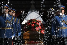The casket bearing the body of Jovanka Broz, widow of the former Yugoslav communist leader Josip Broz Tito sits in front of the House of Flowers memorial complex before the funeral in Belgrade, Serbia, Saturday, Oct. 26, 2013. Former Yugoslavia's first la