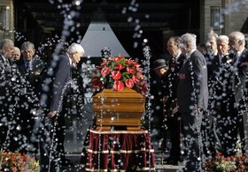 The casket bearing the body of Jovanka Broz, widow of the former Yugoslav communist leader Josip Broz Tito sits in front of the House of Flowers memorial complex before the funeral in Belgrade, Serbia, Saturday, Oct. 26, 2013. Jovanka Broz died on Sunday 